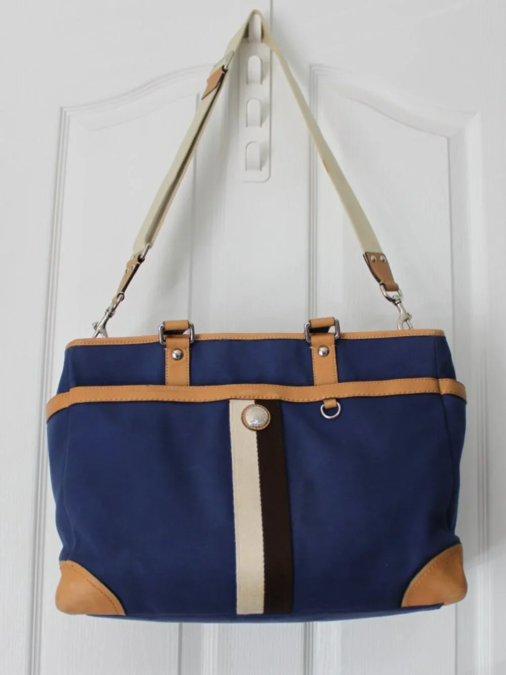 Coach Navy Blue Canvas Diaper Bag - Tan Leather Trim - Changing Pad Included 🍼⚓